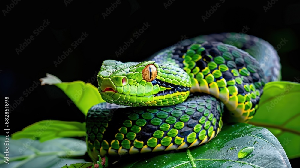 Green Pit Viper with Vivid Yellow and Black Stripes and a Striking Orange Eye on Lush Green Leaves, Captured in the Wild Green Pit Viper with Vivid Yellow and Black Stripes and a Striking Orange Eye on Lush Green Leaves, Captured in the Wild