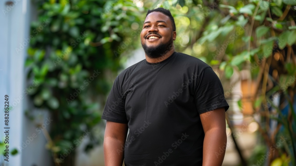 Plus size stylish haitan dominican man wearing a Black comfort colors Tee tshirt for product mockup, Plus size stylish haitan dominican man wearing a Black comfort colors Tee tshirt for product mockup,