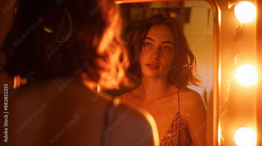 Fototapeta premium Bright depiction of a young woman happy and admiring herself in front of the mirror