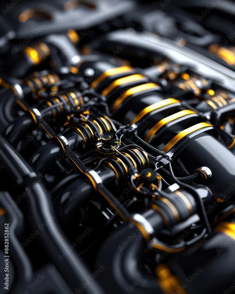 Close-up of a powerful engine with gold accents. Close-up of a powerful engine with gold accents.