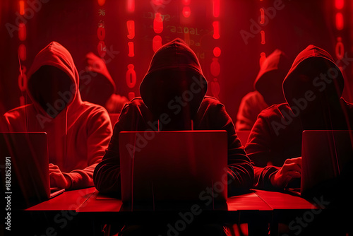 Cybersecurity Threat, Anonymous Hackers, and Digital Crime in Red Background photo