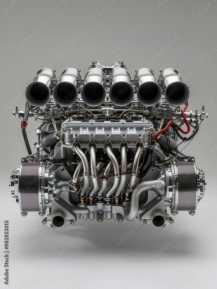 Close-up of a powerful, polished engine with multiple exhaust pipes.