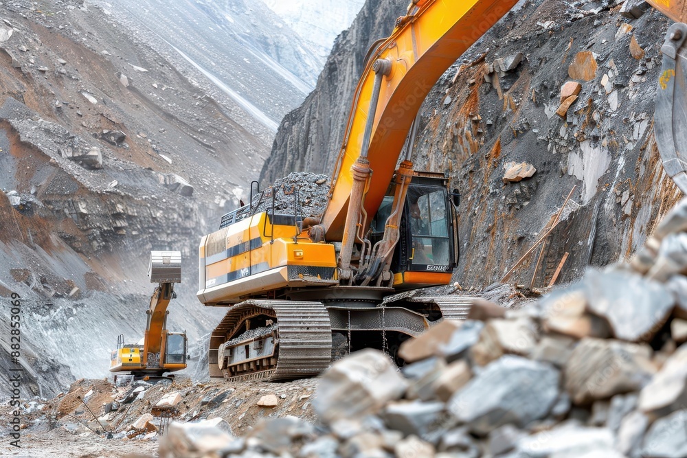 Excavator working in a quarry, digging into rock face. Excavator working in a quarry, digging into rock face.