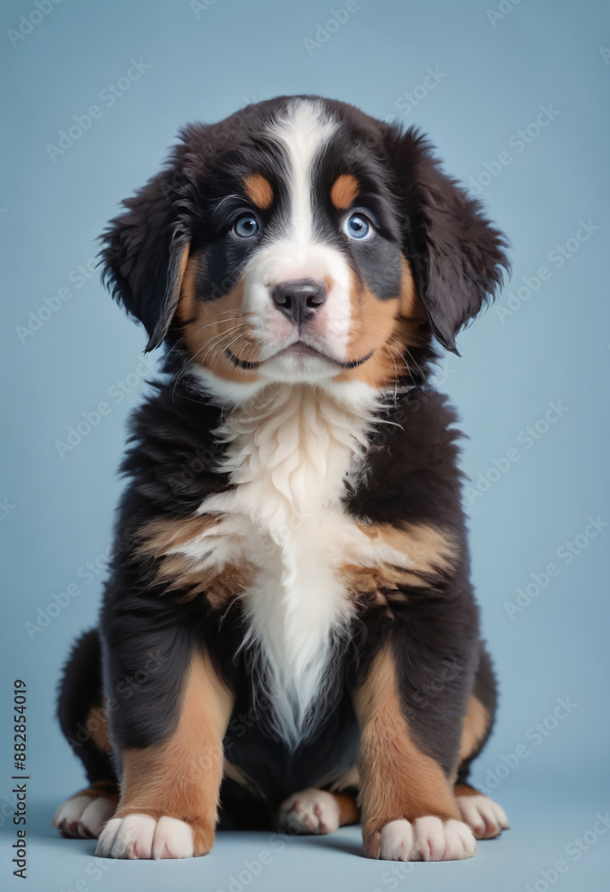Close up portrait of a bernese mountain dog puppy on a completely light blue background Close up portrait of a bernese mountain dog puppy on a completely light blue background