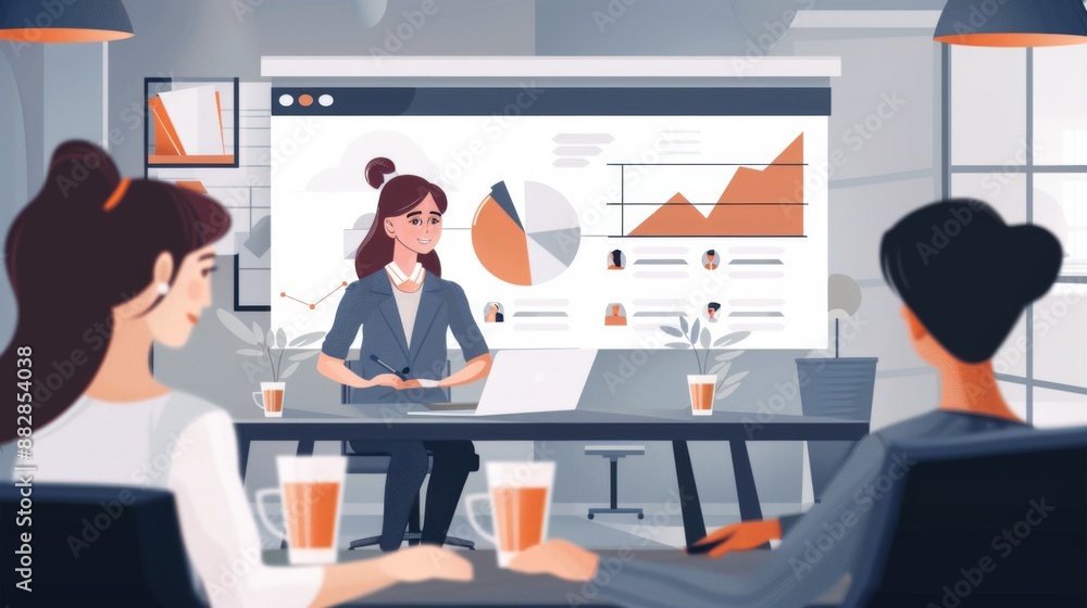 Business Meeting with Presentation in Modern Office Setting Featuring Data Charts and Graphs Business Meeting with Presentation in Modern Office Setting Featuring Data Charts and Graphs