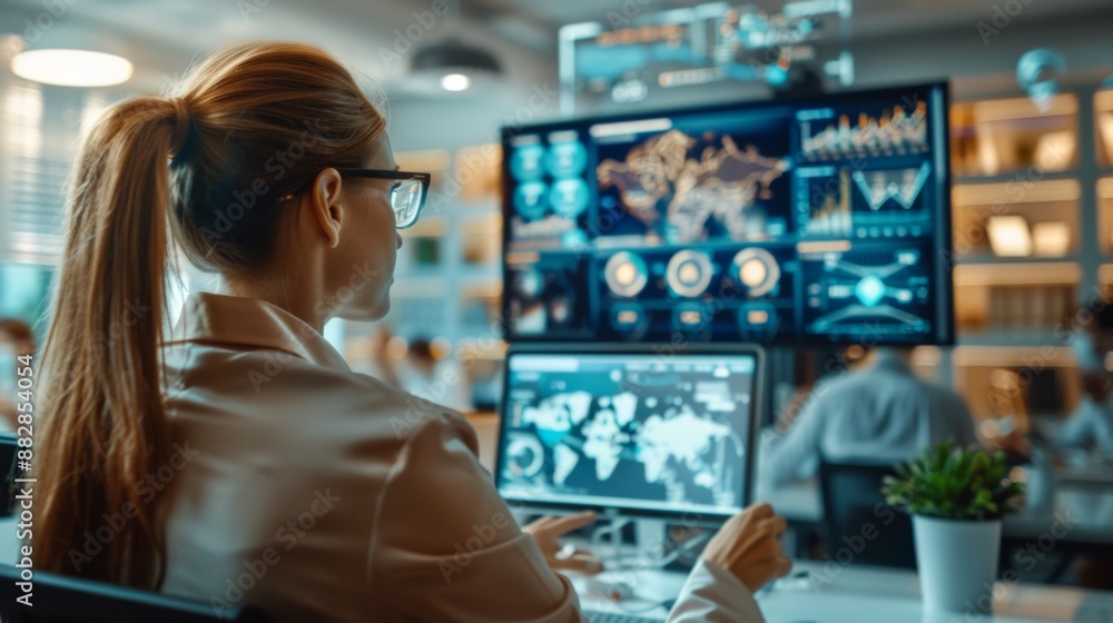 Businesswoman Analyzing Data on Multiple Screens in Modern Office with Digital Analytics and Global Maps Businesswoman Analyzing Data on Multiple Screens in Modern Office with Digital Analytics and Global Maps