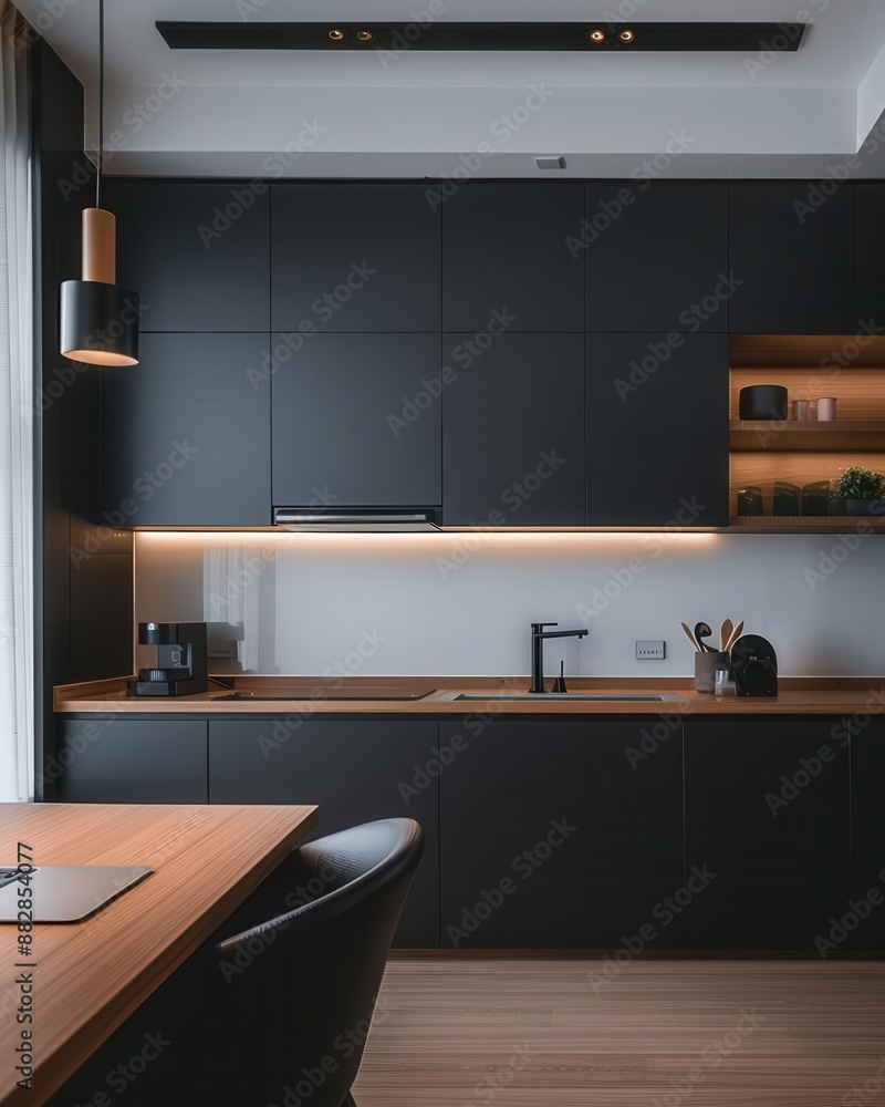 Modern black kitchen with wooden countertop and a breakfast bar. Modern black kitchen with wooden countertop and a breakfast bar.