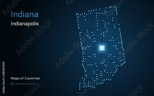 Indiana Map with a capital of Indianapolis Shown in a Microchip Pattern. Silicon valley, E-government. United States vector maps. Microchip Series	