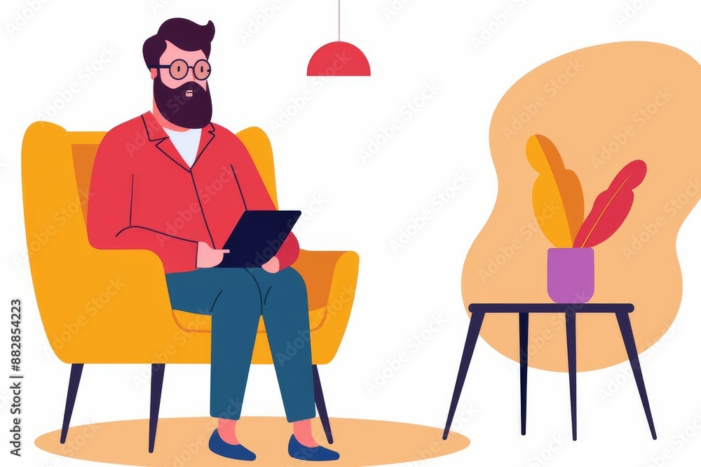 Illustration of a bearded man sitting on a yellow chair, using a tablet, with a minimalist decor in the background. Illustration of a bearded man sitting on a yellow chair, using a tablet, with a minimalist decor in the background.