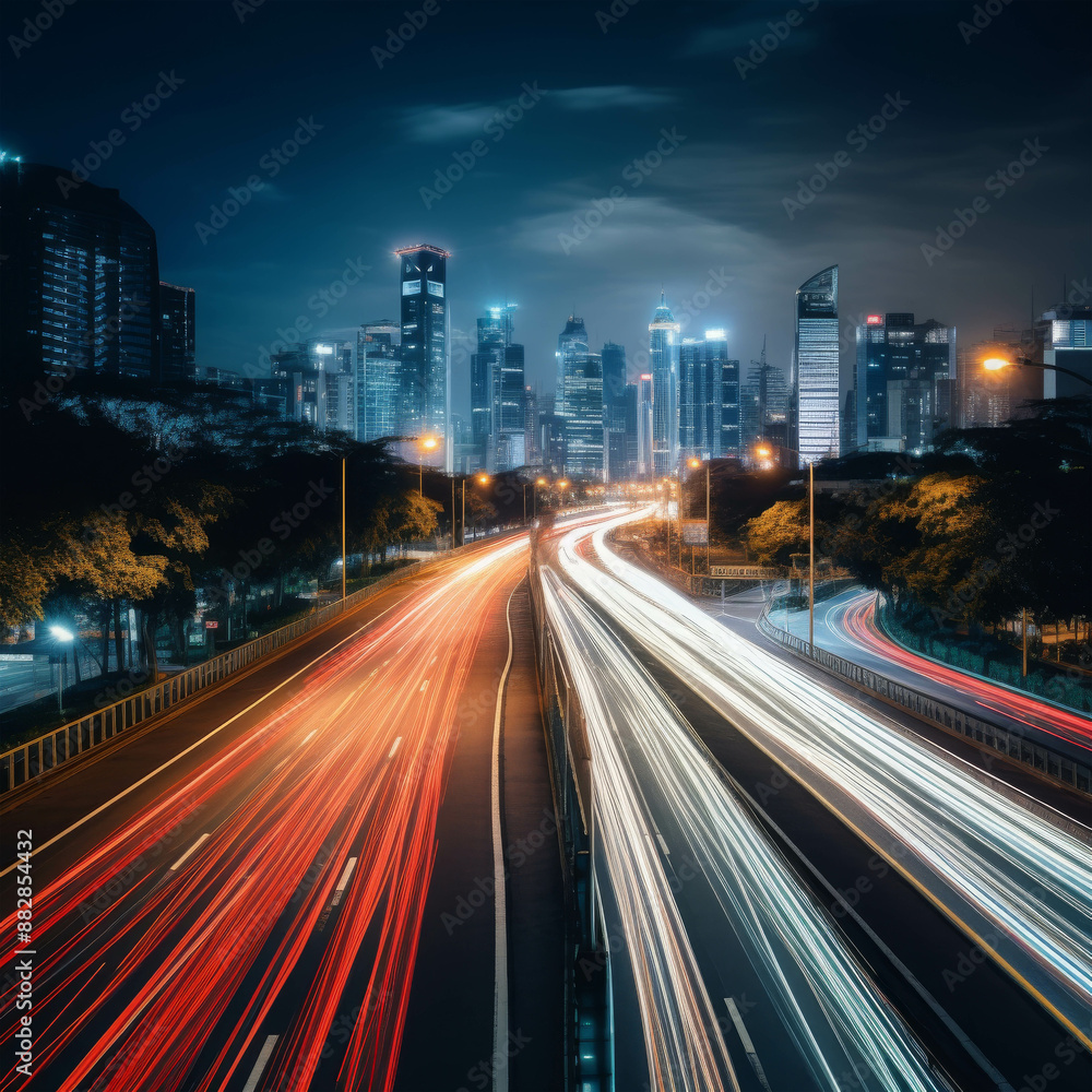 Modern Cityscape at Night with Light Trails from Fast-Moving Cars and Illuminated Skyscrapers Modern Cityscape at Night with Light Trails from Fast-Moving Cars and Illuminated Skyscrapers
