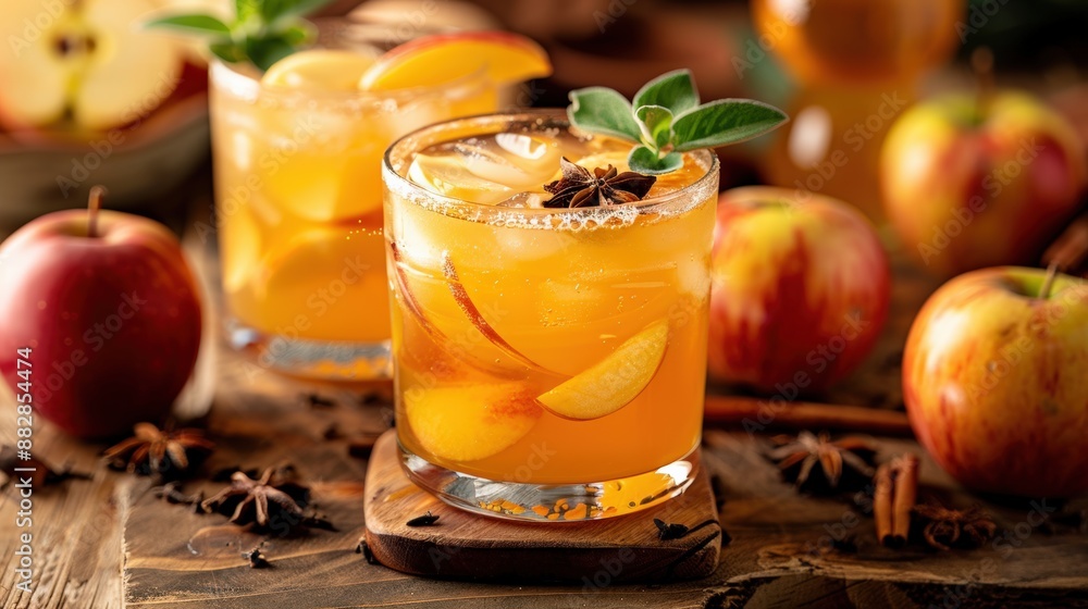 Sparkling Apple Cider Cocktail With Cinnamon and Star Anise on Rustic Wooden Background Sparkling Apple Cider Cocktail With Cinnamon and Star Anise on Rustic Wooden Background