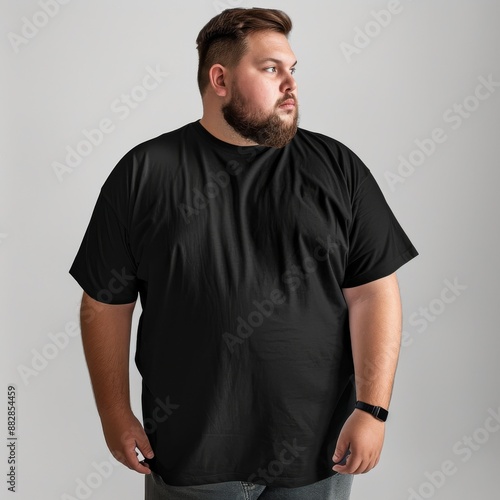 Plus size stylish man wearing a Black comfort colors Tee tshirt for product mockup, © Nica