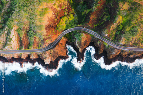 Drone view of highway along the coastline, Hawaii photo