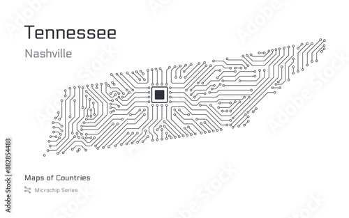 Tennessee White Map with a capital of Nashville Shown in a Microchip Pattern. Silicon valley, E-government. United States vector maps. Microchip Series	