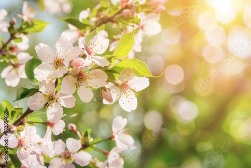 A close-up of delicate white blossoms on a branch, bathed in the warm glow of the spring sun.