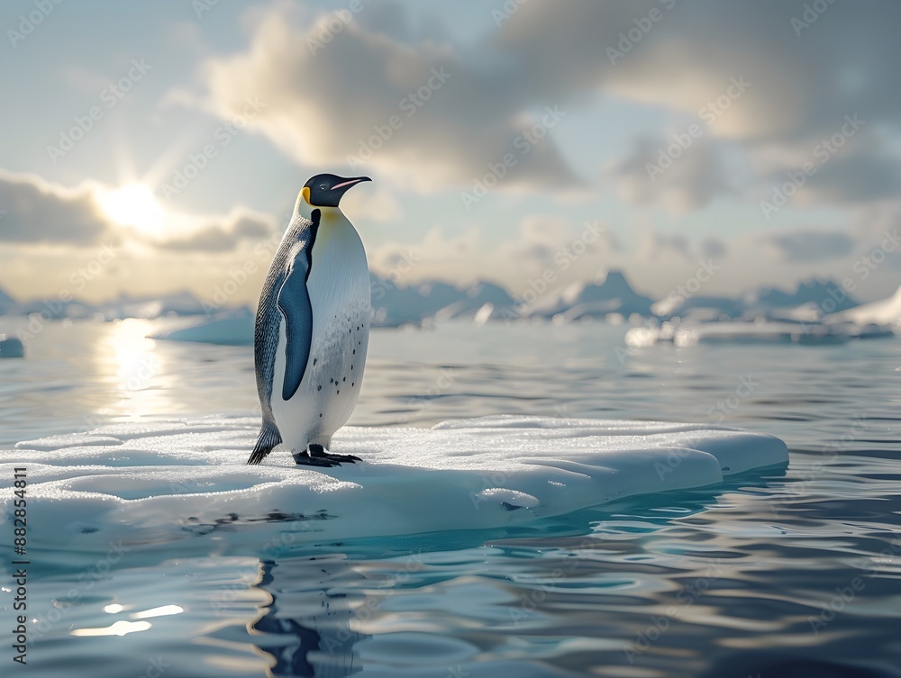 Obraz premium Solitary Emperor Penguin Floating on an Icy Floe Surrounded by the Vast Ocean and Dramatic Sky
