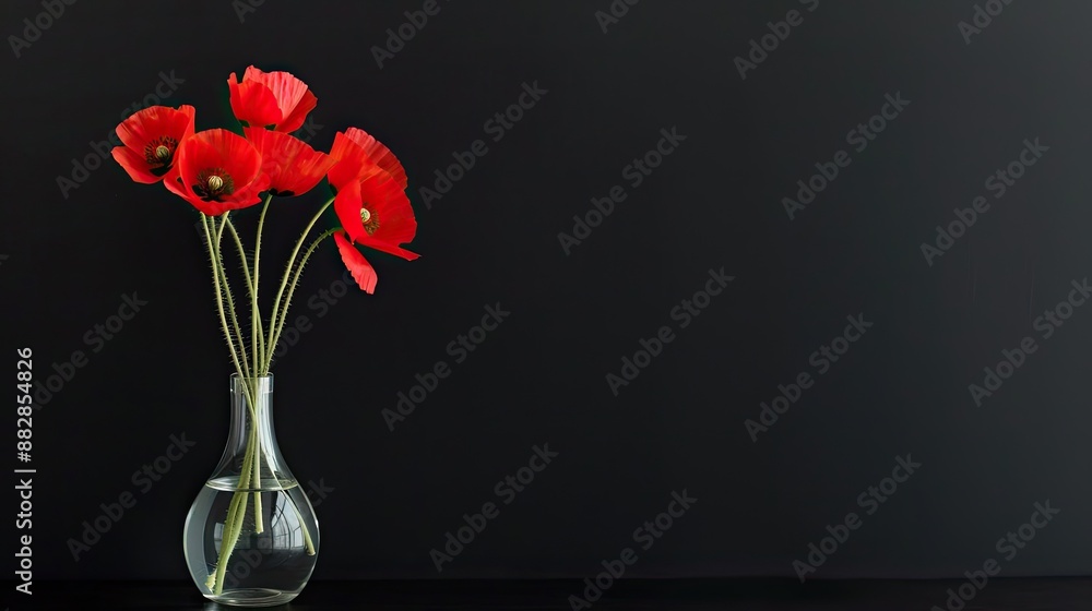 A bouquet of red poppies sits in a white vase against a dark, black background A bouquet of red poppies sits in a white vase against a dark, black background