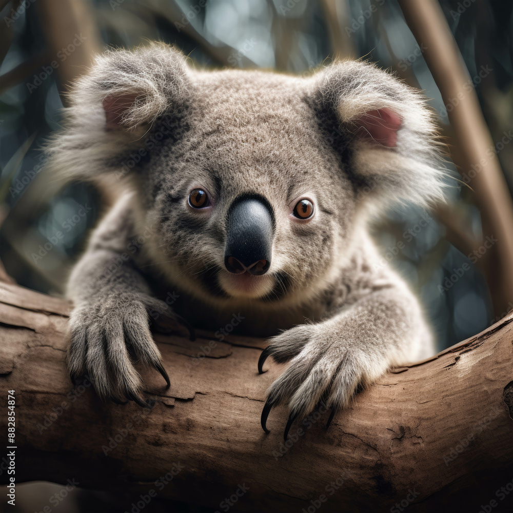 Fototapeta premium Adorable Koala Bear Resting on a Tree Branch with Curious Eyes and Fluffy Ears in a Natural Habitat