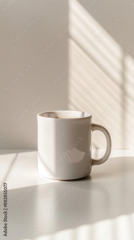 White ceramic mug on a white table with sunlight and shadows. White ceramic mug on a white table with sunlight and shadows.