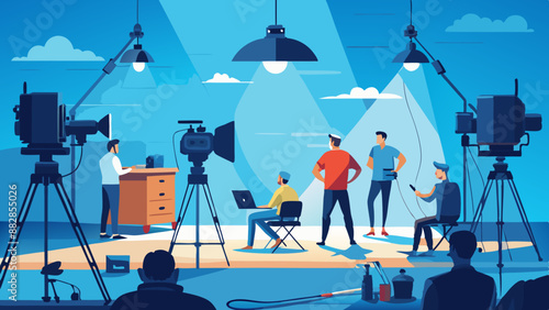 commercial video film movie making lighting set professional studio production big working people silhouette scenes behind television camera motion picture equipment crew photo light