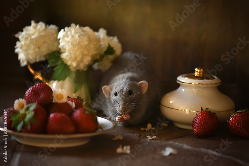 Little cute rat with strawberry and white flowers