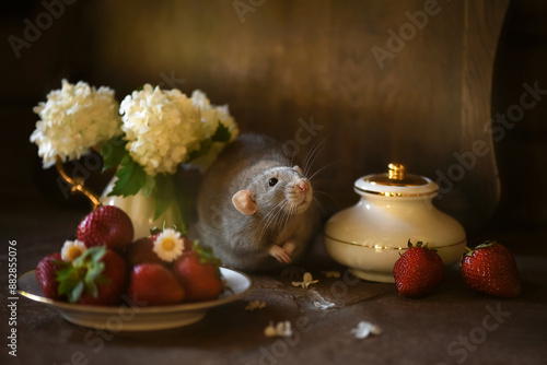 Little cute rat with strawberry and white flowers
