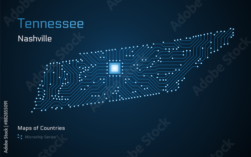 Tennessee Map with a capital of Nashville Shown in a Microchip Pattern. Silicon valley, E-government. United States vector maps. Microchip Series 