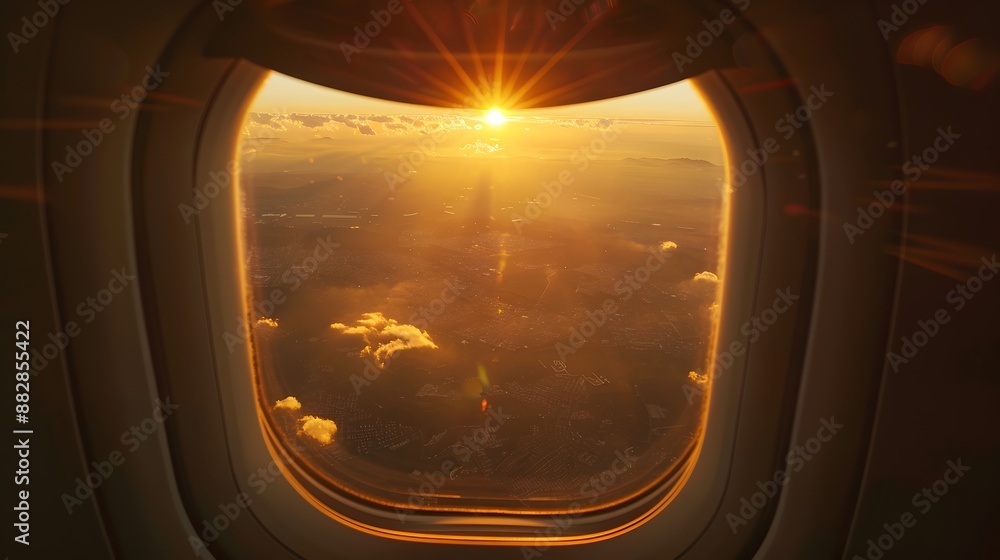 Breathtaking view of town and cloudless sundown sky behind window of aircraft during flight. Breathtaking view of town and cloudless sundown sky behind window of aircraft during flight.