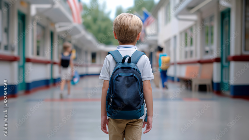 A young boy with a backpack entering the school hallway, ready for a new day of learning. A young boy with a backpack entering the school hallway, ready for a new day of learning.