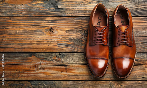 Pair of Elegant Brown Leather Men's Dress Shoes on Rustic Wooden Background for Fashion and Style Concepts