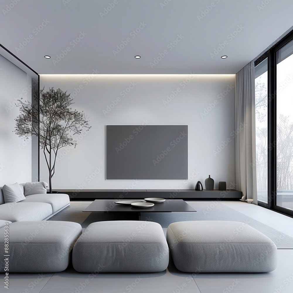 Modern minimalist living room with large windows, white sofa, and round ottoman. Modern minimalist living room with large windows, white sofa, and round ottoman.
