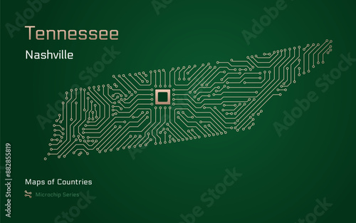 Tennessee Map with a capital of Nashville Shown in a Microchip Pattern. Silicon valley, E-government. United States vector maps. Microchip Series	