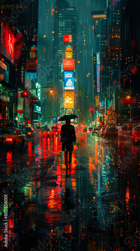 Futuristic city street at night with person under umbrella, illuminated by neon lights, showcasing Internet of Things concept with bright billboards, traffic, and digital overlays