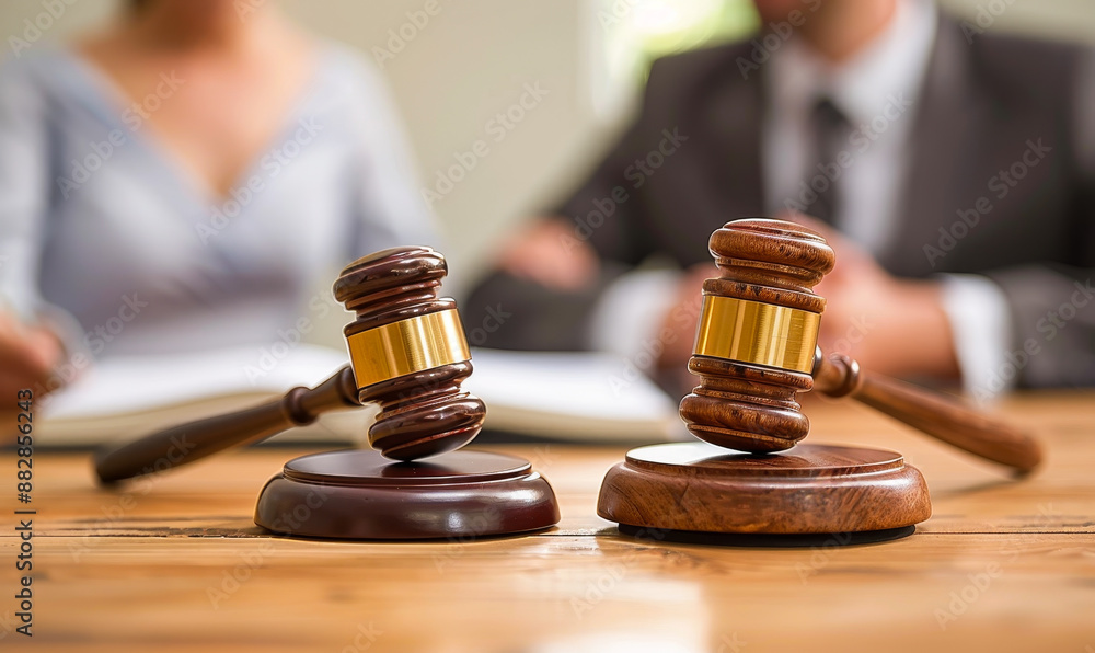 Close-up of Two Judge Gavels on Desk during Marriage Divorce Proceedings with Blurred Couple in Background, Symbolizing Legal Decision and Separation, Daytime Courtroom Setting Close-up of Two Judge Gavels on Desk during Marriage Divorce Proceedings with Blurred Couple in Background, Symbolizing Legal Decision and Separation, Daytime Courtroom Setting
