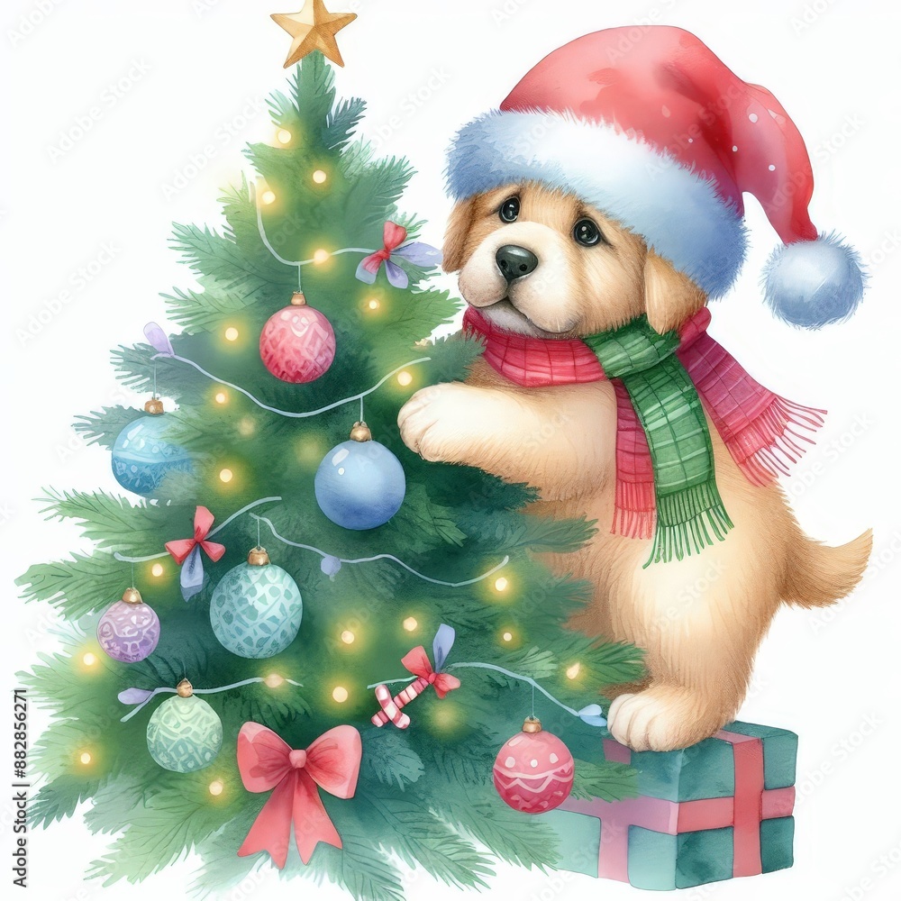 A cute puppy in a Santa hat decorating a Christmas tree with colorful ornaments. A cute puppy in a Santa hat decorating a Christmas tree with colorful ornaments.