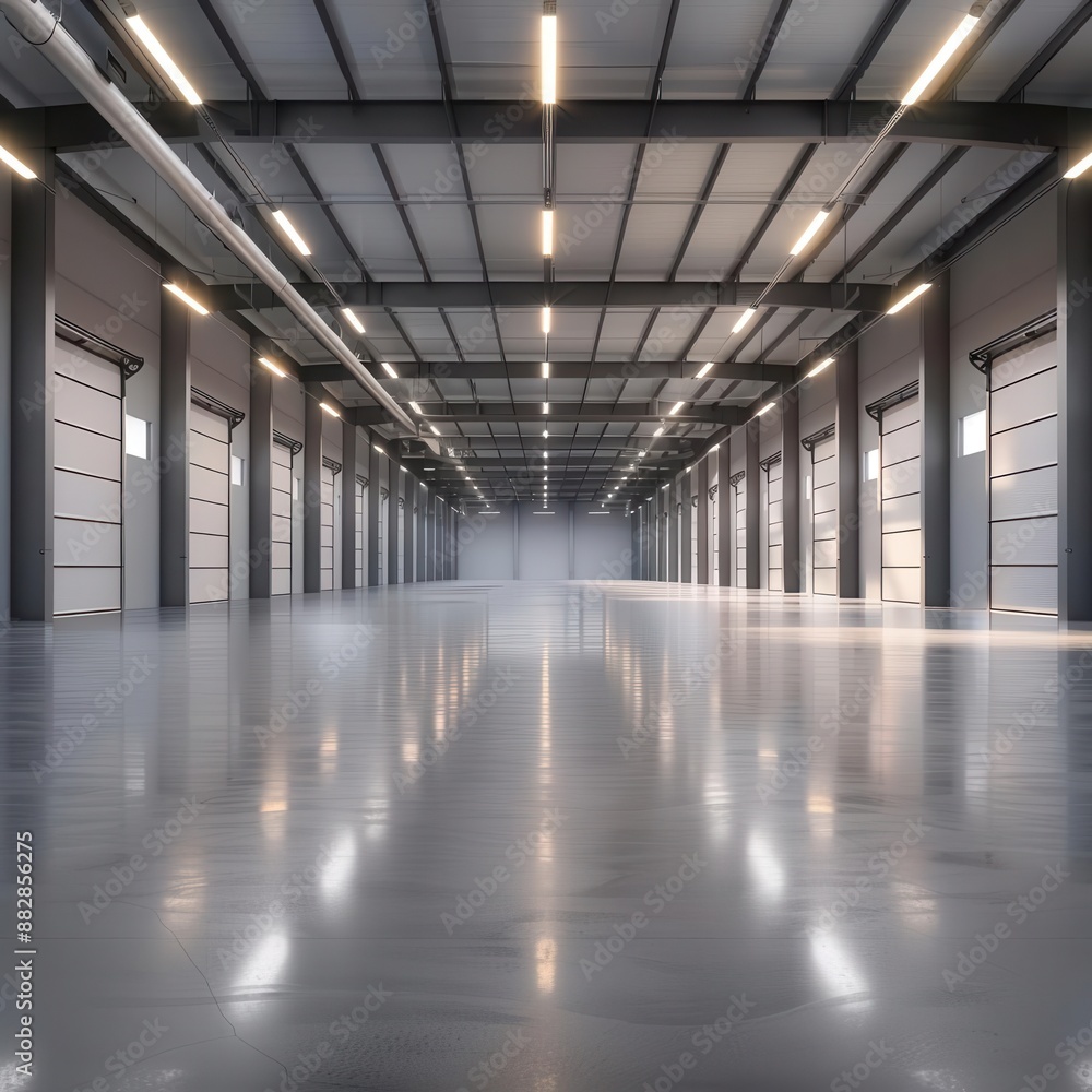 Empty industrial warehouse with large bay doors and polished concrete floor.