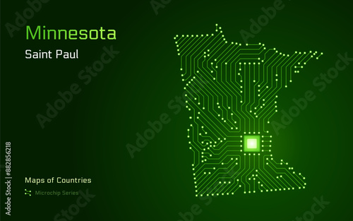 Minnesota Map with a capital of Saint Paul Shown in a Microchip Pattern. Silicon valley, E-government. United States vector maps. Microchip Series