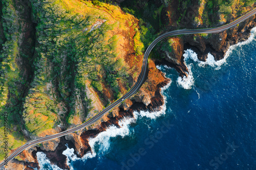 Top down view of highway along the rocky coastline, Hawaii