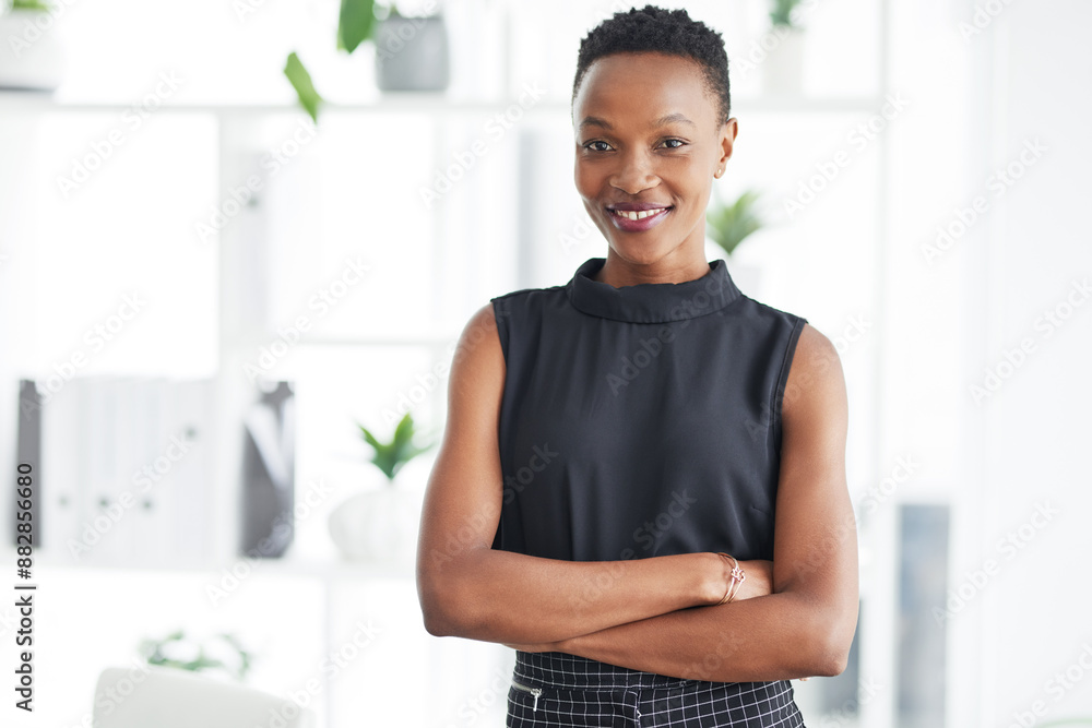 Black woman, confident and portrait in office as web designer for magazine, publication or company. Female person, African and arms crossed with pride, happy and job for deadline or creative project Black woman, confident and portrait in office as web designer for magazine, publication or company. Female person, African and arms crossed with pride, happy and job for deadline or creative project