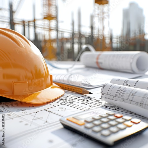Hard hat, blueprints, calculator, pencil on construction site.