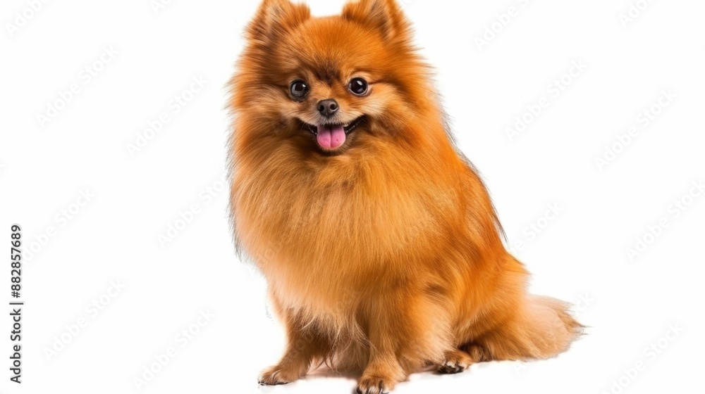 A fluffy, orange Pomeranian dog sits in a studio setting and smiles at the camera. A fluffy, orange Pomeranian dog sits in a studio setting and smiles at the camera.