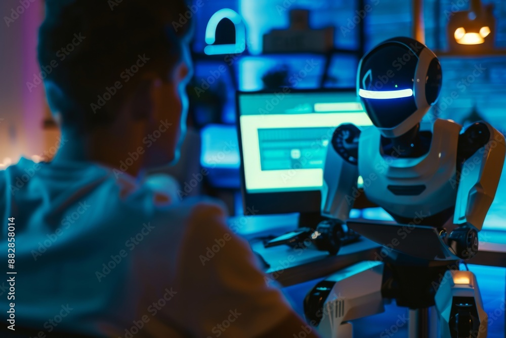 Obraz premium A man sits at a desk, facing a glowing robot companion, as they work together on a project.
