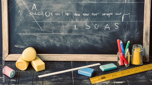 A chalkboard with a few school supplies like chalk, erasers, and a ruler placed neatly at the bottom, leaving plenty of copy space on the board. photo