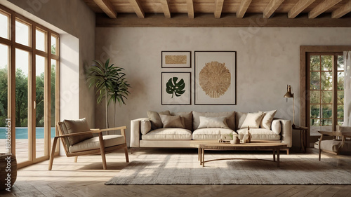 Mockup frame in living room interior of Spanish villa, 3d render