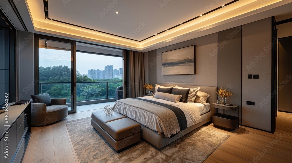 Fototapeta premium Modern bedroom interior design with large windows and city view.