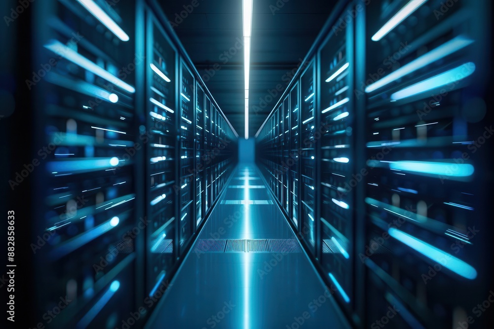 Obraz premium Modern server room with rows of servers and blue lighting.