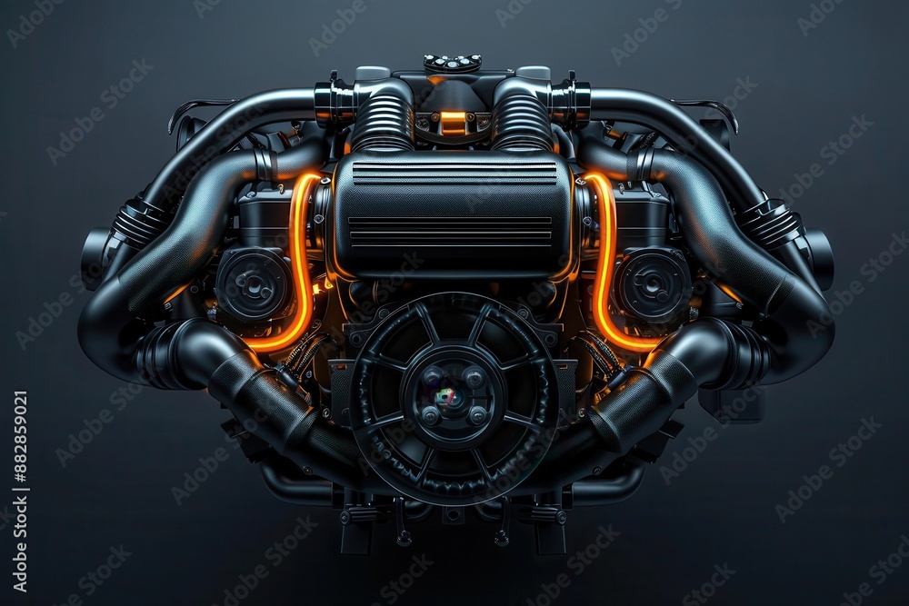 Close-up of a powerful black engine with glowing orange wires Close-up of a powerful black engine with glowing orange wires