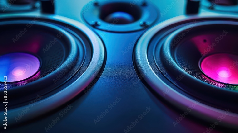Close-up of two speaker drivers with blue and pink lighting. Close-up of two speaker drivers with blue and pink lighting.