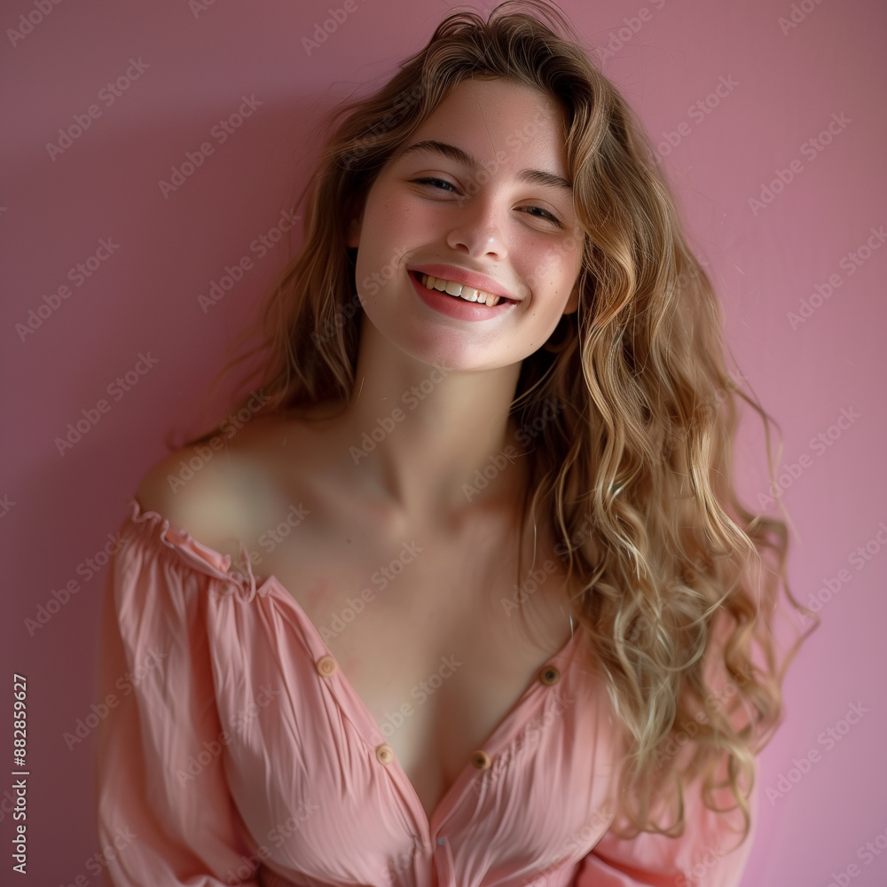 Joyful Young Girl in Pink Shirt Smiling Against Matching Studio Background, Casual Attire, Open Mouth Expression, Cheerful Portrait Joyful Young Girl in Pink Shirt Smiling Against Matching Studio Background, Casual Attire, Open Mouth Expression, Cheerful Portrait