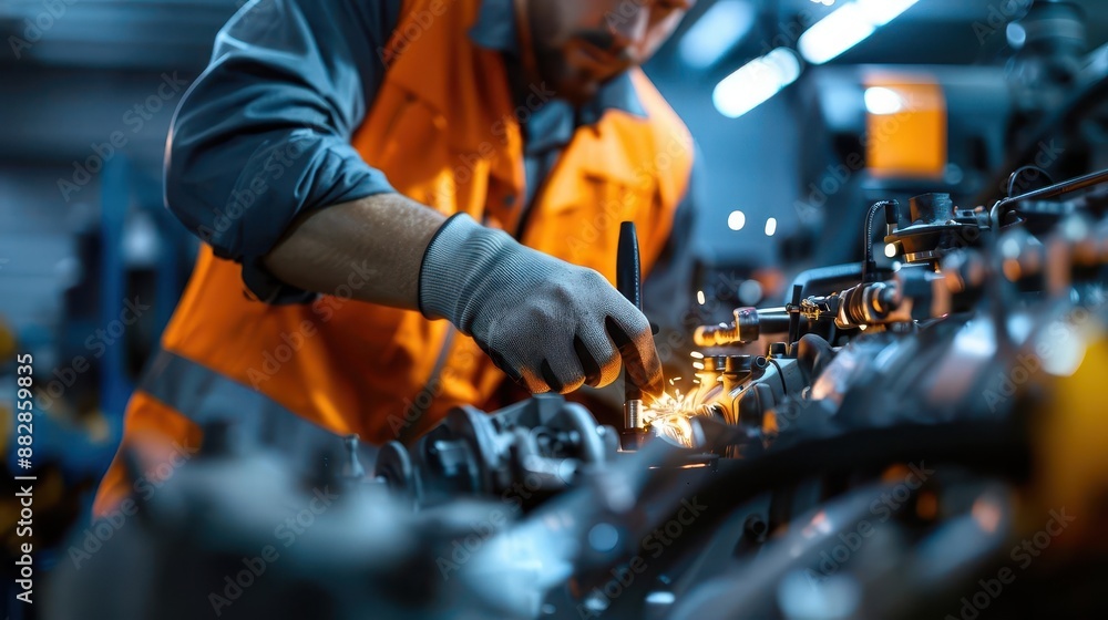 Industrial worker repairing machinery with sparks flying. Industrial worker repairing machinery with sparks flying.